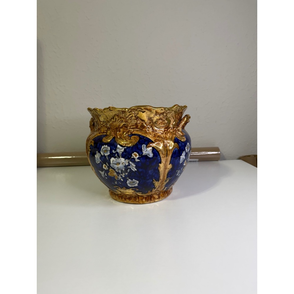 Vintage Cobalt Blue Gold Gilt Floral Ceramic Planter etruria pottery jardiniere